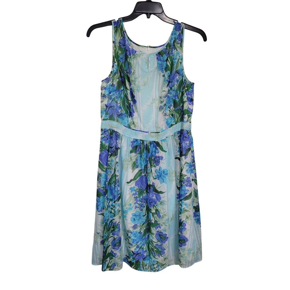 Talbots Blue Floral Striped Sleeveless Fit Flare Dress Womens Size 12